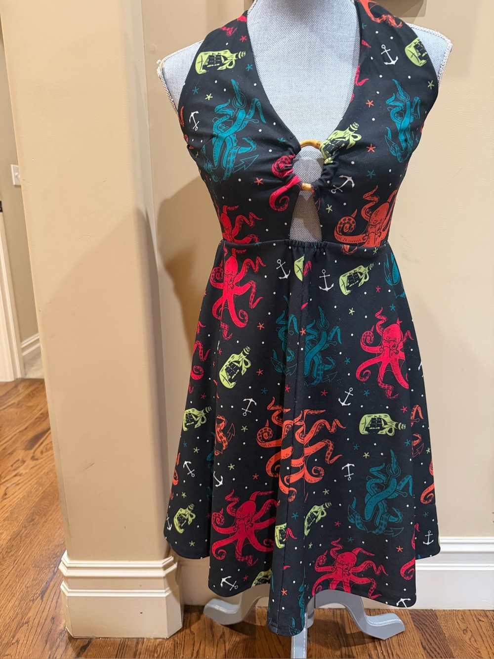 Sourpuss Black Halter Dress with Neon Octopus Print- XS with stretch
